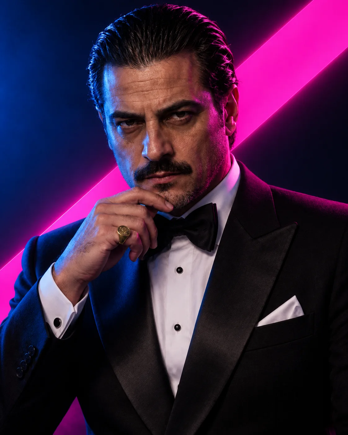 Cinematic Neon Split Lighting Portrait AI-generated design created with this prompt